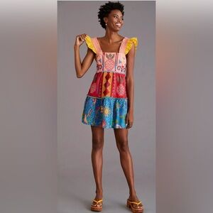 Farm Rio color blocked mini dress, cross-stitch embroidered cotton Sz Large